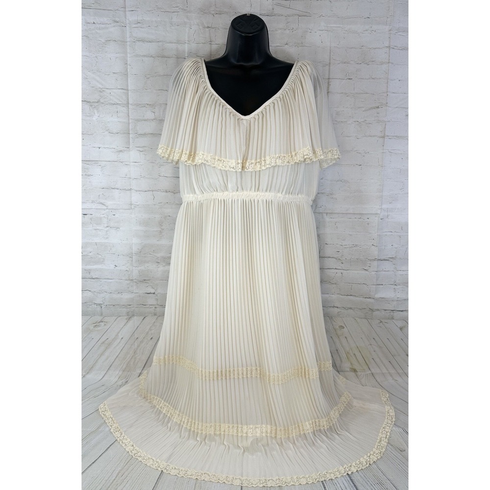 Morton Myles 8 Women Ivory Pleated VTG Maxi Dress  Boho Peasant Lace 1980's